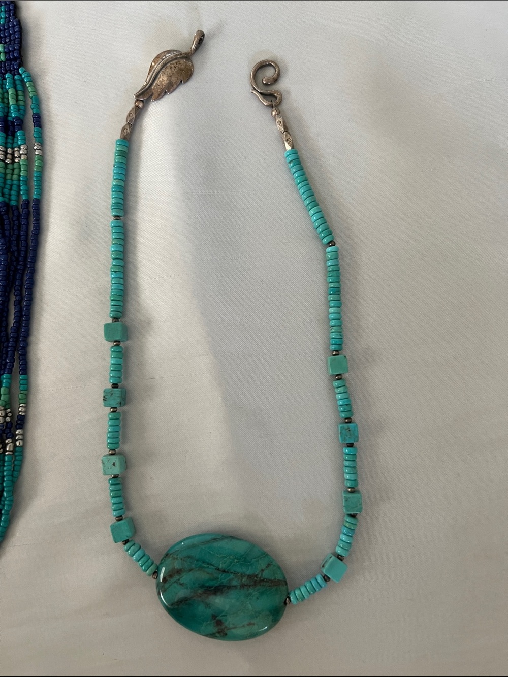 Turquoise Bead Necklace with Oval Stone Pendant SS clasp - Picture 2 of 6